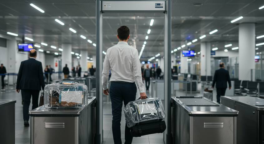 Person smoothly going through airport security with organized luggage