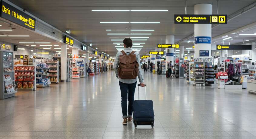 Confident traveler with organized luggage walking through modern airport terminal