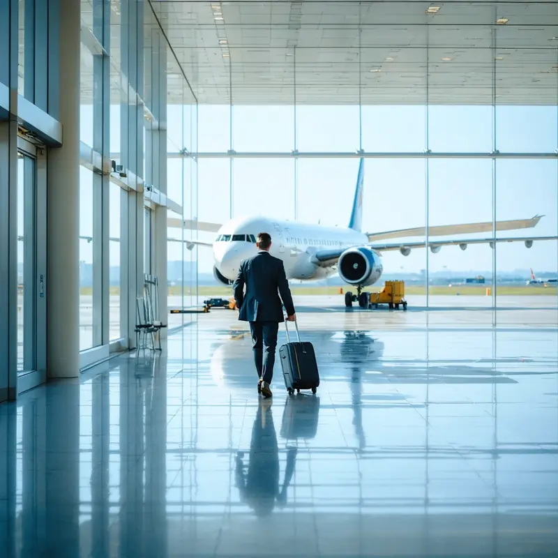 Traveller heading through a bright airport terminal to their departure gate