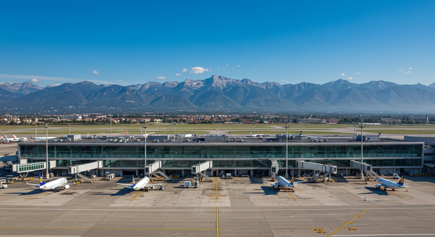 Milan Bergamo Orio al Serio Airport terminal with mountain backdrop, modern departure building and aircraft on tarmac under Italian blue sky