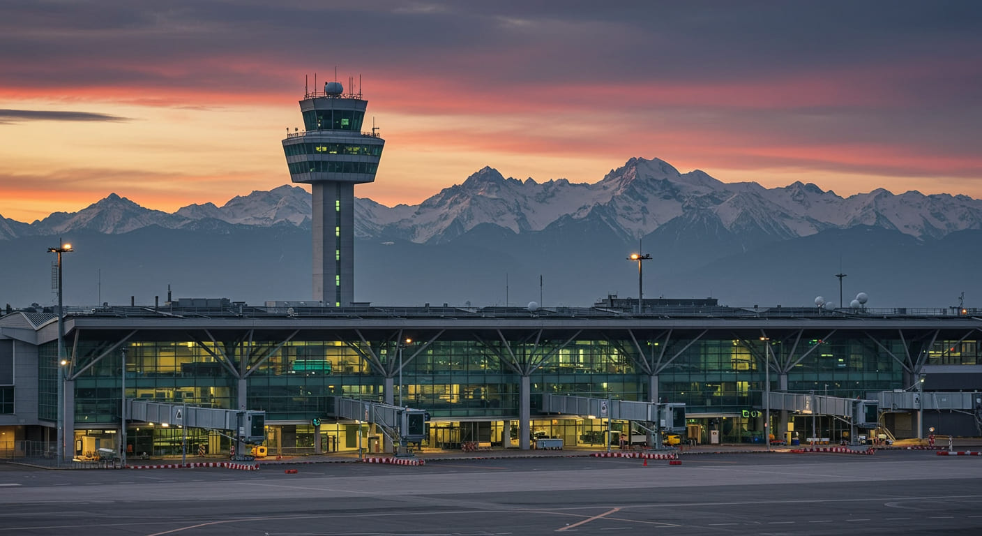 Milan Malpensa Airport terminal building with Italian Alps in background, showing modern architecture and control tower against dramatic sky